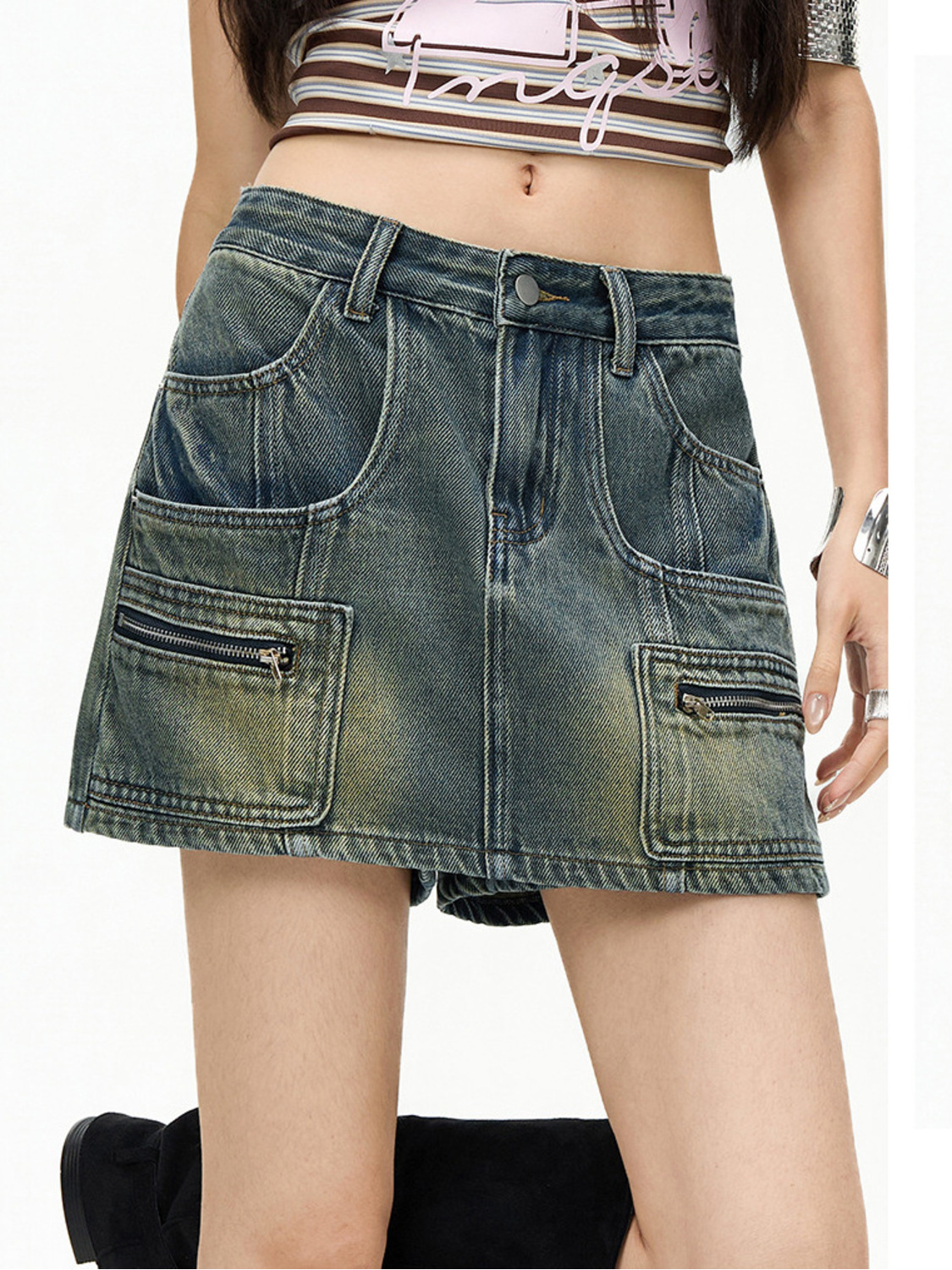 Denim Shorts Women - Women Cargo Pocket Fake Two Piece